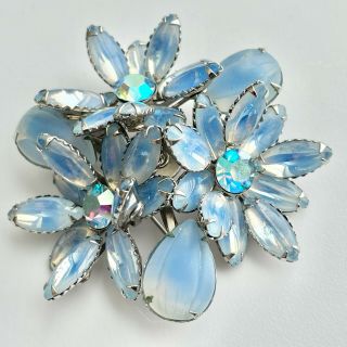 Signed Judy Lee Vintage Blue Moonglow Glass Ab Rhinestone Flower Brooch Pin 120