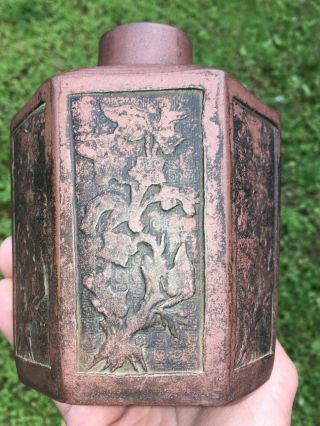 Antique 19th C.  Chinese Yixing Zisha Clay Molded Hexagon Tea Caddy Canister