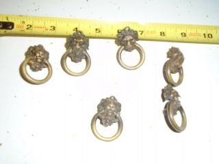SIX Vintage Antique Ornate Brass Lions Head Drawer Pull Handles small 2