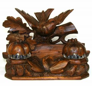 Antique Black Forest Carved Figural Double Inkwell Stand,  Desk Caddy,  Large Bird 2