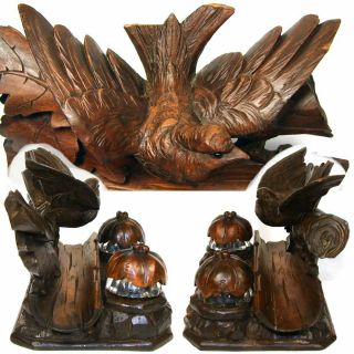 Antique Black Forest Carved Figural Double Inkwell Stand,  Desk Caddy,  Large Bird 3