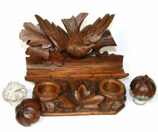 Antique Black Forest Carved Figural Double Inkwell Stand,  Desk Caddy,  Large Bird 4