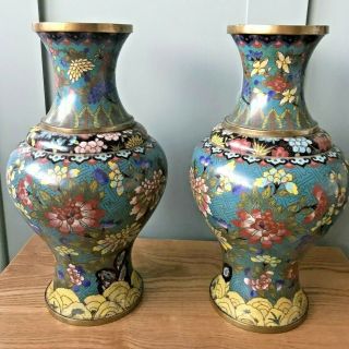 Large Chinese Antique 19th Century Pair Fine Cloisonné Enamel Vases