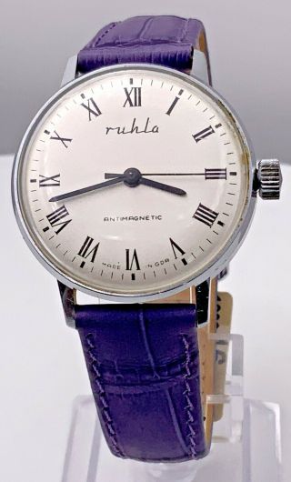 Rare Vintage Ruhla Made In Gdr Mechanical Hand Wound Watch With Strap Mens