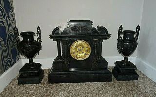 Antique 19th Century Victorian Architectural Slate Mantel Clock With Garniture