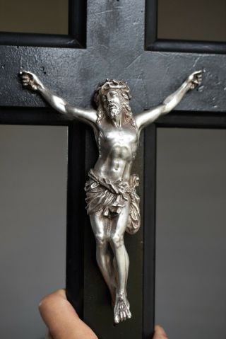 antique French crucifix,  silver plated bronze Christ,  religious sculpture 19th C 3