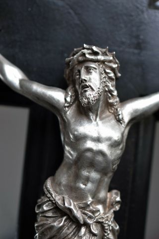 antique French crucifix,  silver plated bronze Christ,  religious sculpture 19th C 4