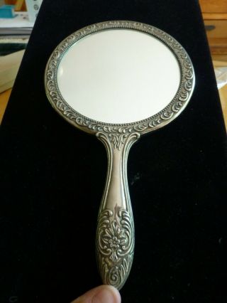Vintage Hand - Held Vanity Mirror - Could Be Silver?? 9 - 1/4 " Long; 5 " Diameter