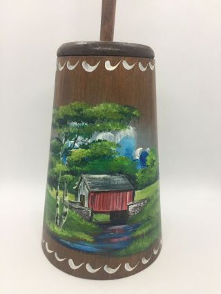Small Vintage Wood Butter Churn Signed E Hurst Hand Painted Country Scene 8”