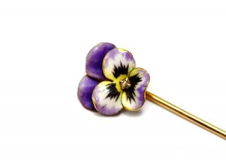 Antique Victorian 14k Gold Purple White Enamel Diamond Pansy Stick Pin Brooch