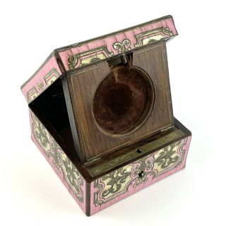 Fine Antique Rosewood Watch Box With Stand Brass & Mother Of Pearl Inlaid Pink