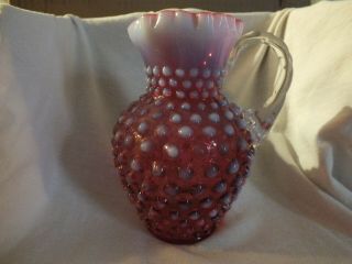 Vintage Fenton Glass Cranberry Opalescent Hobnail Pitcher