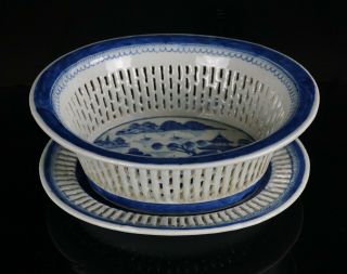 Set Antique Chinese Blue And White Reticulated Porcelain Basket & Plate 18th C