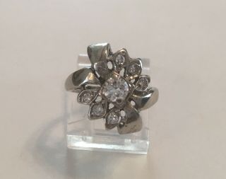 Vintage Antique 14k White Gold Diamond Flower Textured Floral Ring