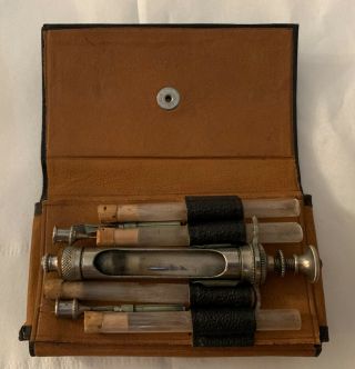 Antique 19th Century Portable Medical Leather Case With Syringe,  Needles And Gla