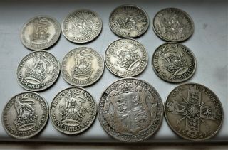 12 X Vintage Silver British Silver Coins Inc Half Crown