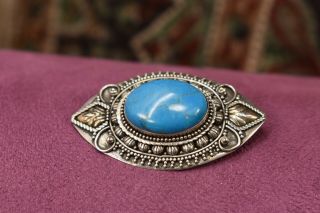 Vintage 925 Sterling Silver Turquoise Cabochon Etruscan Brooch 2 "