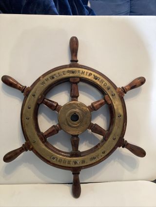 Vintage Wheelers Shipyard 20 Inch Brass And Wood Handle Ship Wheel