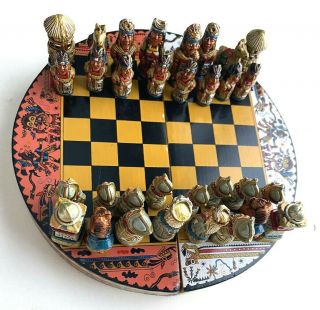 Vtg Chess Set Spanish Conquistador Aztec Mayan Folding Hand Painted Miniature
