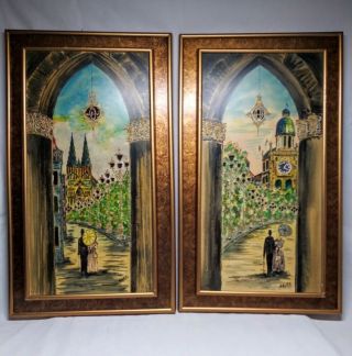 Vintage Pair Lighted Painting By Mikulik - 48 " X 25 " - Mid Century Modern