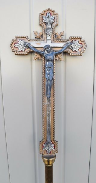 , Antique Bronze Processional Cross - 71 " With Corpus And Pole (cu615) Church
