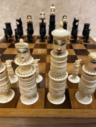 Antique Wooden Board CHESS SET Hand carved & painting Bison Bone decoration 2