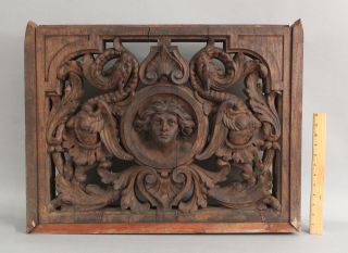 19thc Antique Hand Carved Gothic Architectural 2 - Sided Mahogany Panel Carving