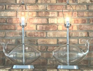 Vintage Blenko Mid Century Modern Chrome Clear Glass Fish Whale Lamps
