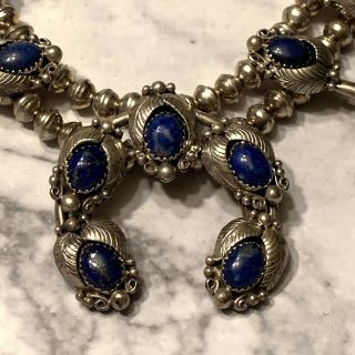 Estate Antique Lapis Lazuli Sterling Silver Squash Blossom Necklace 73 G 24”