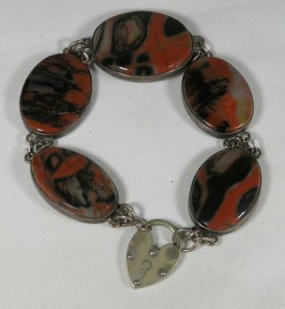 Antique Sterling Silver And Petrified Wood Link Bracelet