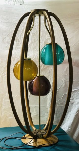 Mid - Century Modern Modeline Caged Wood Table Lamp With Three Colored Glass Globe