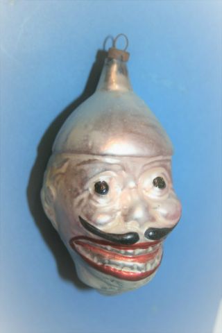 Antique 3,  5 " German Blown Glass Jerry Colonna Character Head Ornament1920s