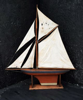 Antique English Handcrafted Folkart Huge Decorative Display Pond Yacht Model