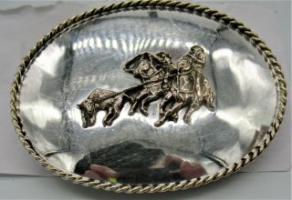 Vintage Diablo Silver Overlay Western Belt Buckle: Rodeo Calf Roping Cowboys