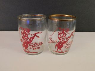 Vintage Lone Star Beer Barrel Glass With A Roping Cowboy On Horse - Set Of 2