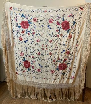 Antique Chinese Hand Embroidered Pure Silk Piano Shawl 54 " X54 " Fringe 18 " Multi