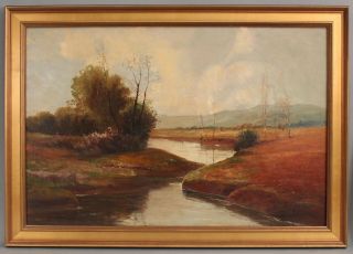 Large Antique C1900 Signed American Impressionist River Landscape Oil Painting