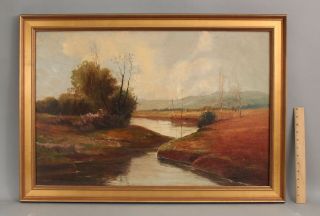 Large Antique c1900 Signed American Impressionist River Landscape Oil Painting 2