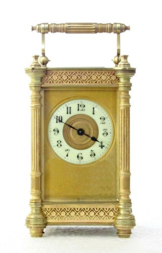 Antique French Gilt Brass Carriage Clock Filigree Friezes Columns,  Serviced