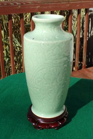 Chinese Longquan Celadon Glazed Porcelain Vase 19th C.  Qing Period 12 " Tall