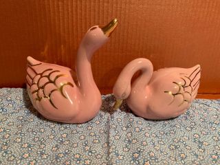 Vintage Pink Swan Figurine.  Gold Trim And Accents,  Ceramic.