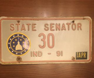 Vintage 1991 Indiana State Senator License Plate Rare