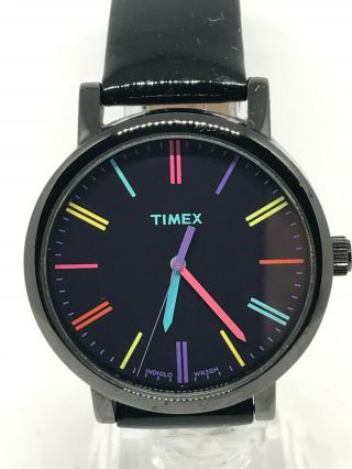 Timex Indiglo Gents 02 Watch With Black Leather Strap Black Dial Light