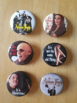 Vintage Set Of 6 The Addams Family Movie Pin Back Buttons 1991 Morticia