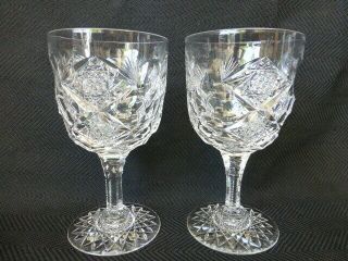 Two Antique Signed Hawkes Queens Pattern American Brilliant Cut Glass Goblets