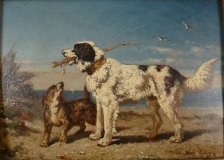 Antique European Oil On Board - Two Dogs Playing.  De Vos.  9 ½” X 7”.