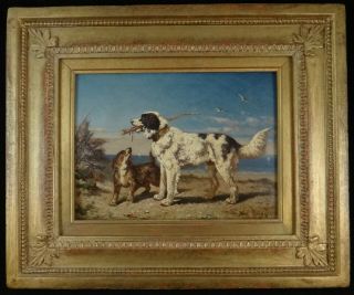 Antique European Oil on Board - Two Dogs Playing.  De Vos.  9 ½” x 7”. 2