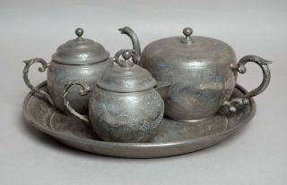Top Quality Antique Chinese Engraved Huikee Swatow Pewter Tea Set Teapot Etc
