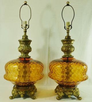 Pair Antique/vtg Mcm Mid Century Modern Amber Glass 3 - Way Lite Globe Table Lamps
