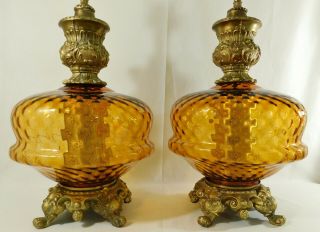 Pair Antique/Vtg MCM Mid Century Modern Amber Glass 3 - Way Lite Globe Table Lamps 2